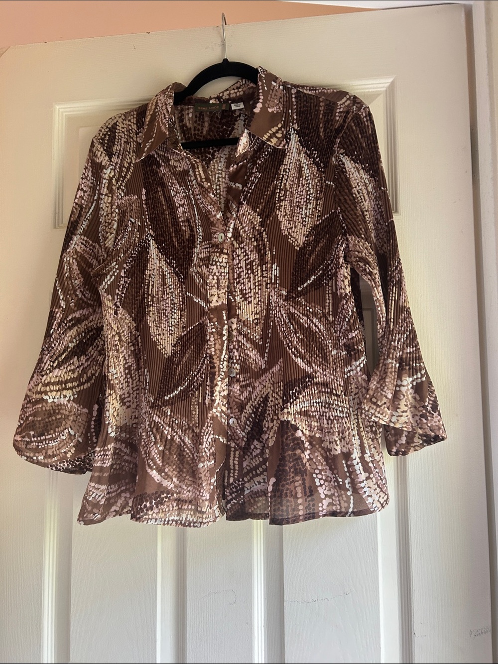Brown Printed Button-Front Women’s Shirt with Collar